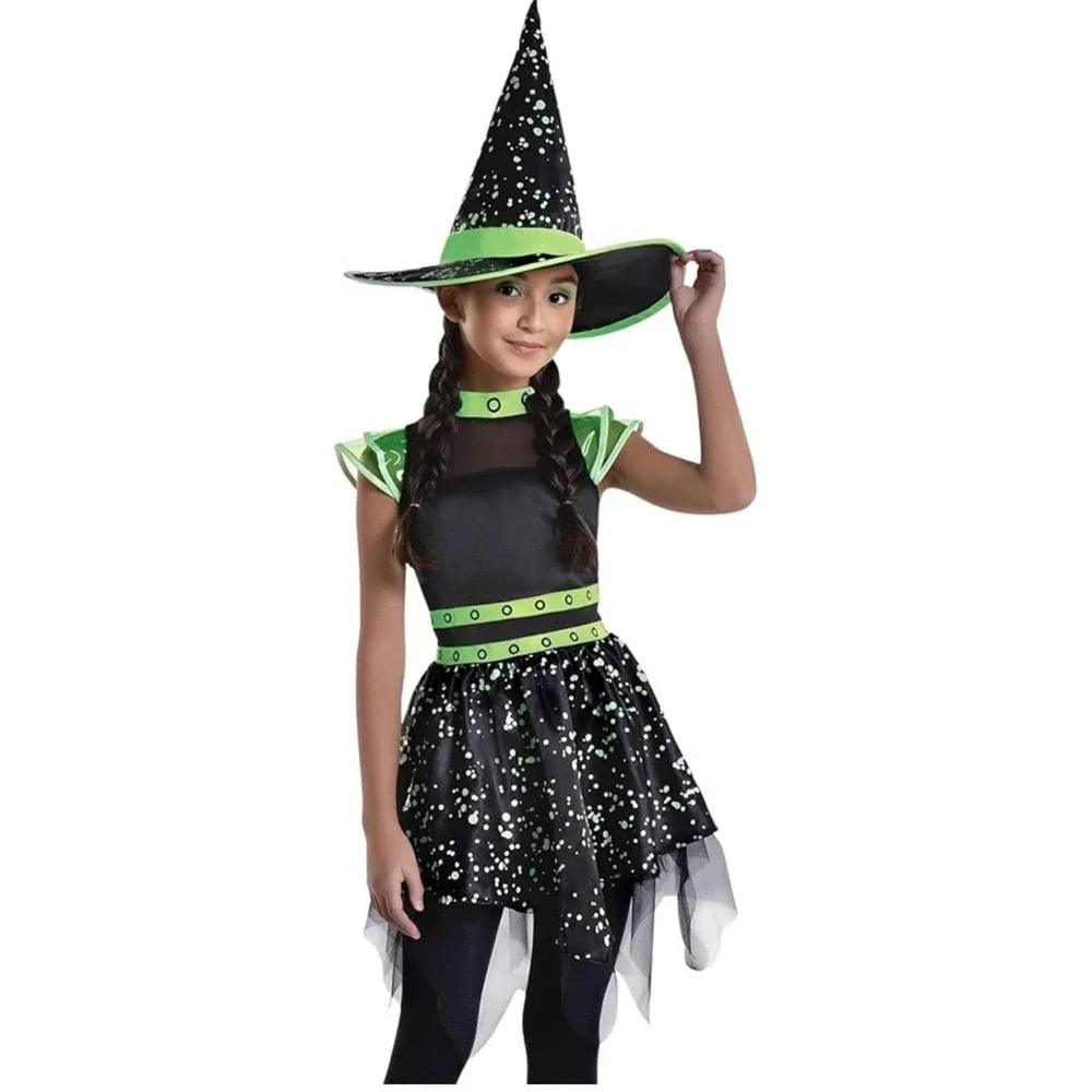Midnight Mischief Witch Costume Kids L 12–14 Glow in Dark Hat Dress Halloween NW